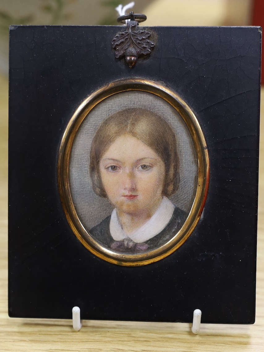 Mrs Scott of Perth (19th C.), watercolour on ivory, miniature of Mary Knottespad-Fostercue, c.1856, label verso, 7 x 5.5cm